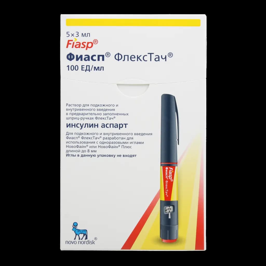 Упаковка Фиасп ФлексТач, 100 ЕД/мл, 5 шприц-ручек по 3 мл