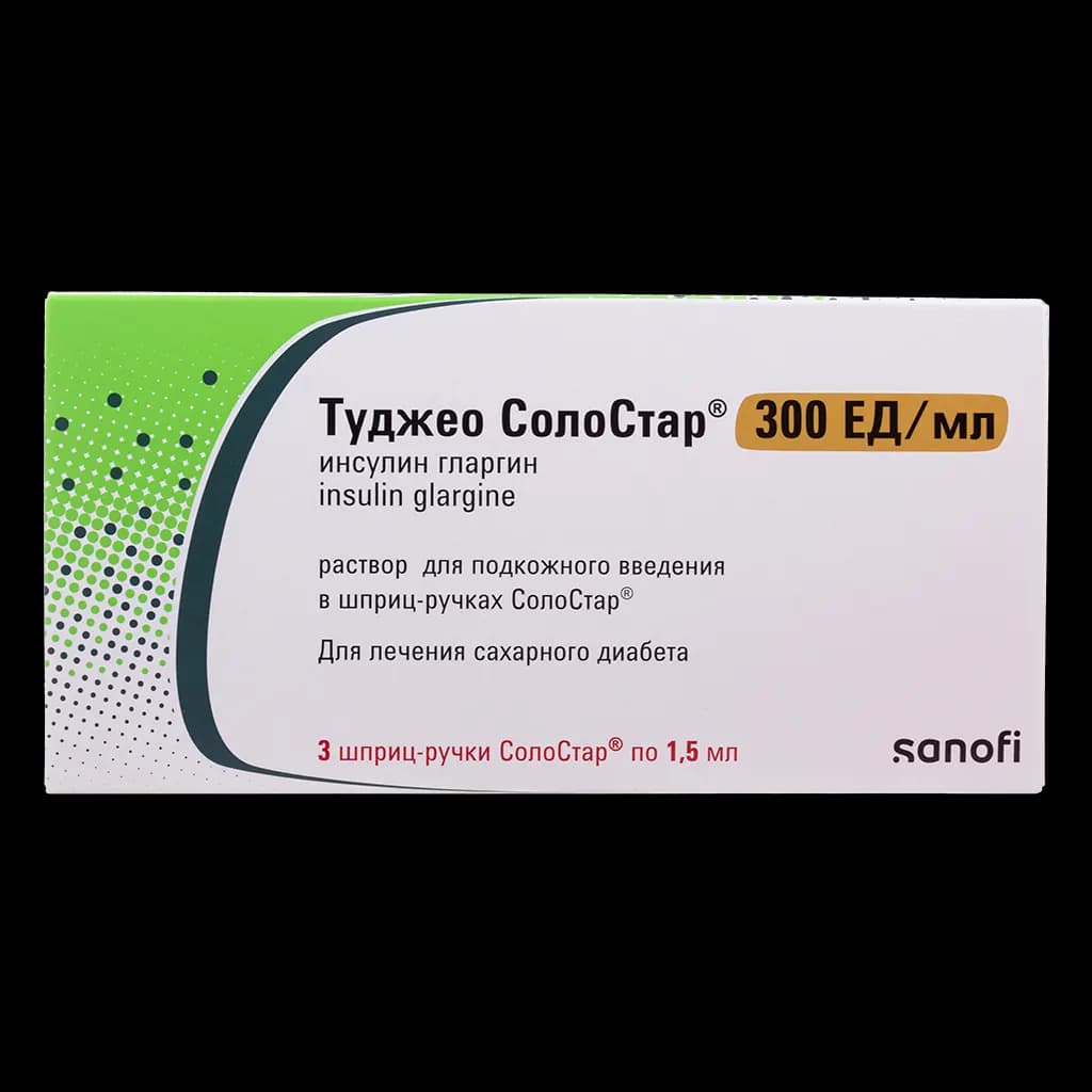 Упаковка Туджео СолоСтар, 300 ЕД/мл, 3 шприц-ручек по 1,5 мл