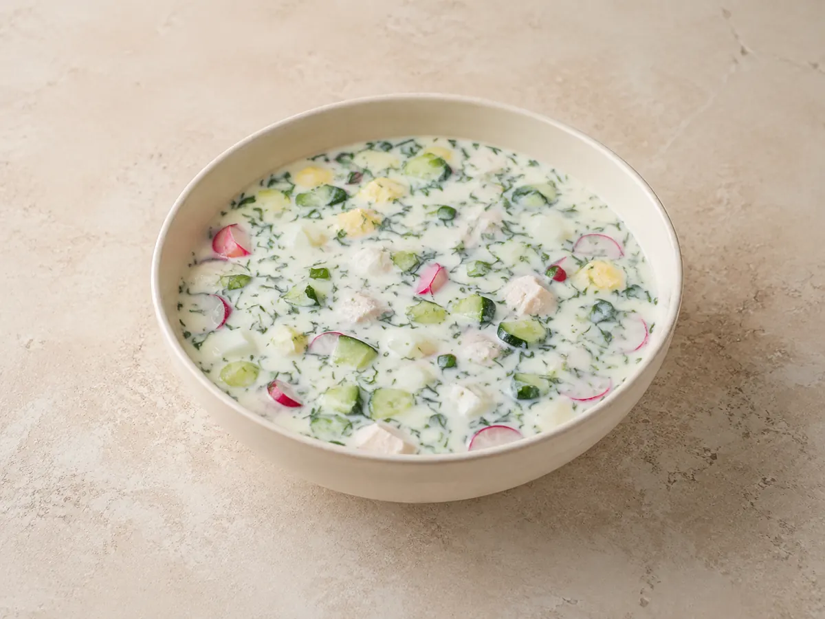 Окрошка с курицей на кефире — вариант подачи